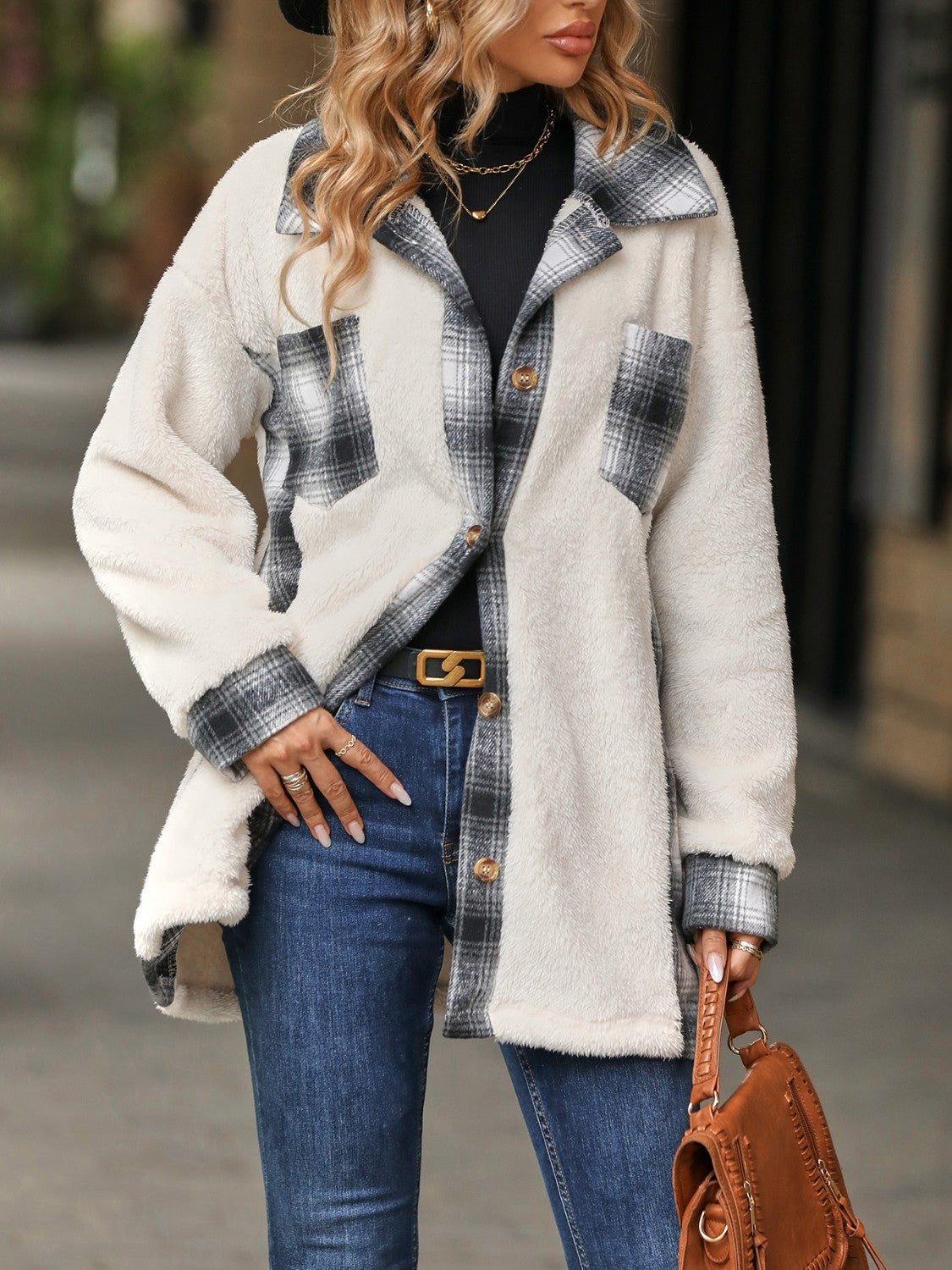 Plaid Contrast Dropped Shoulder Coat-Angel Casuals