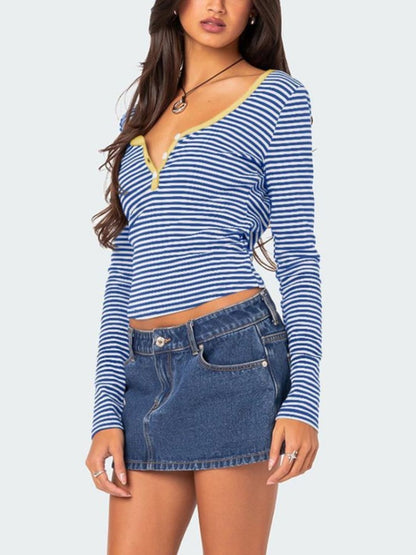 Buttoned Striped Long Sleeve T-Shirt-Angel Casuals