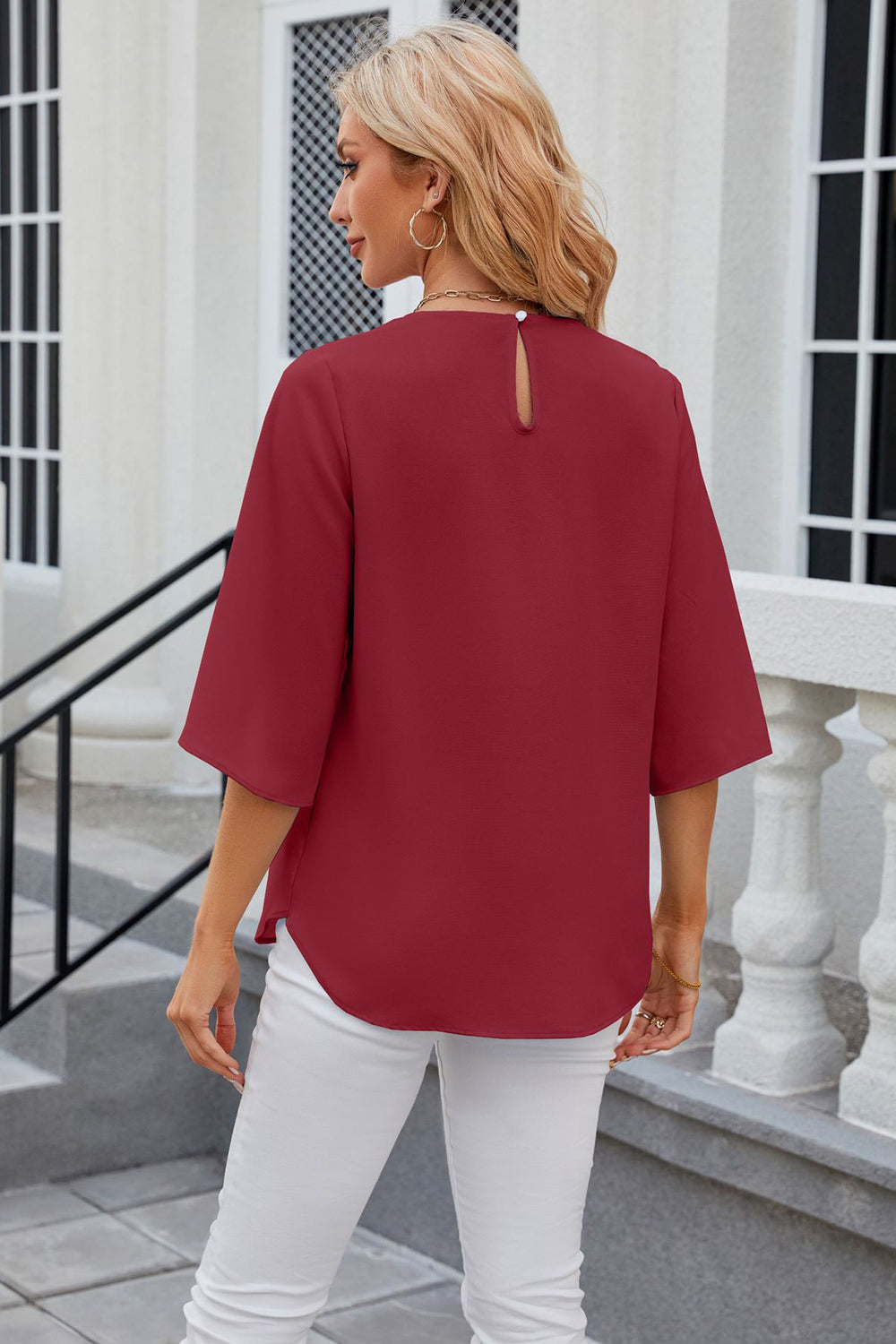 Round Neck Slit Half Sleeve Top-Angel Casuals
