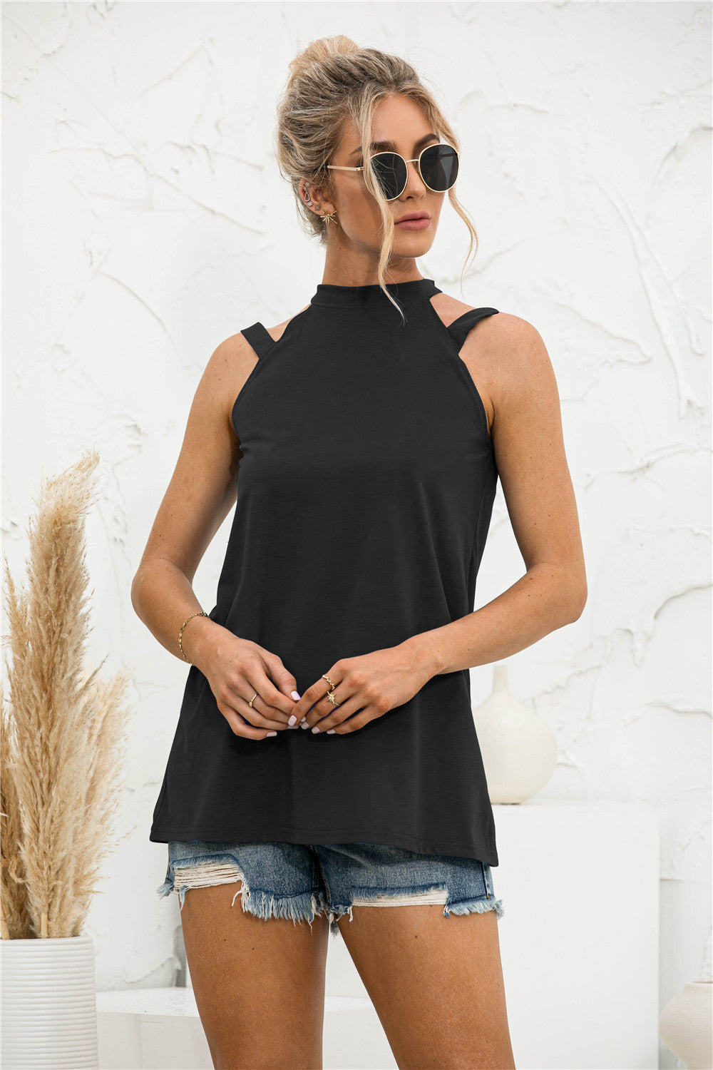 Cutout Mock Neck Tank-Angel Casuals