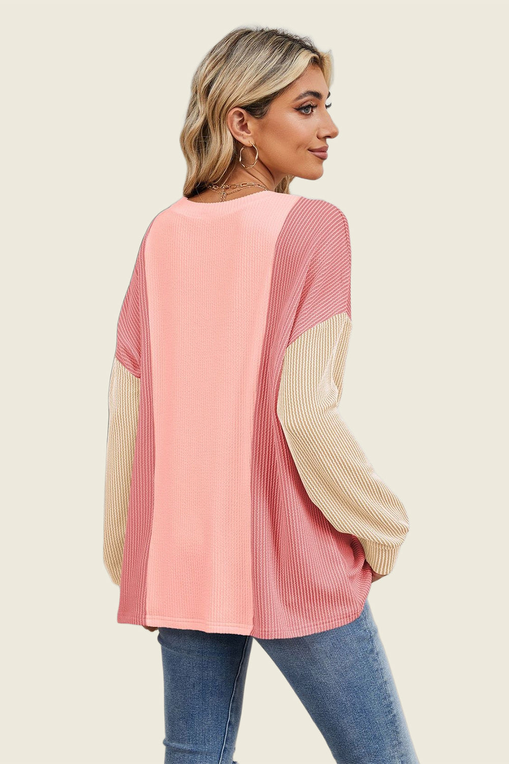 Double Take Texture Contrast Round Neck Long Sleeve T-Shirt-Angel Casuals