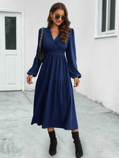 Surplice Neck Long Sleeve Midi Dress-Angel Casuals