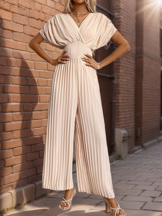 Pleated Short Sleeve Wide Leg Jumpsuit-Angel Casuals