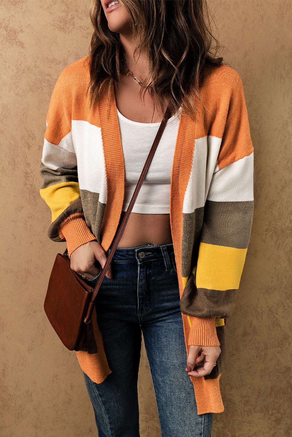 Color Block Lantern Sleeve Open Front Cardigan with Pockets-Angel Casuals