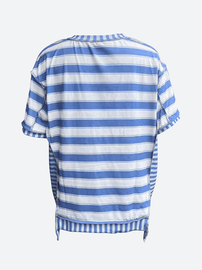 Full Size Contrast Stitching Striped Round Neck T-Shirt-Angel Casuals