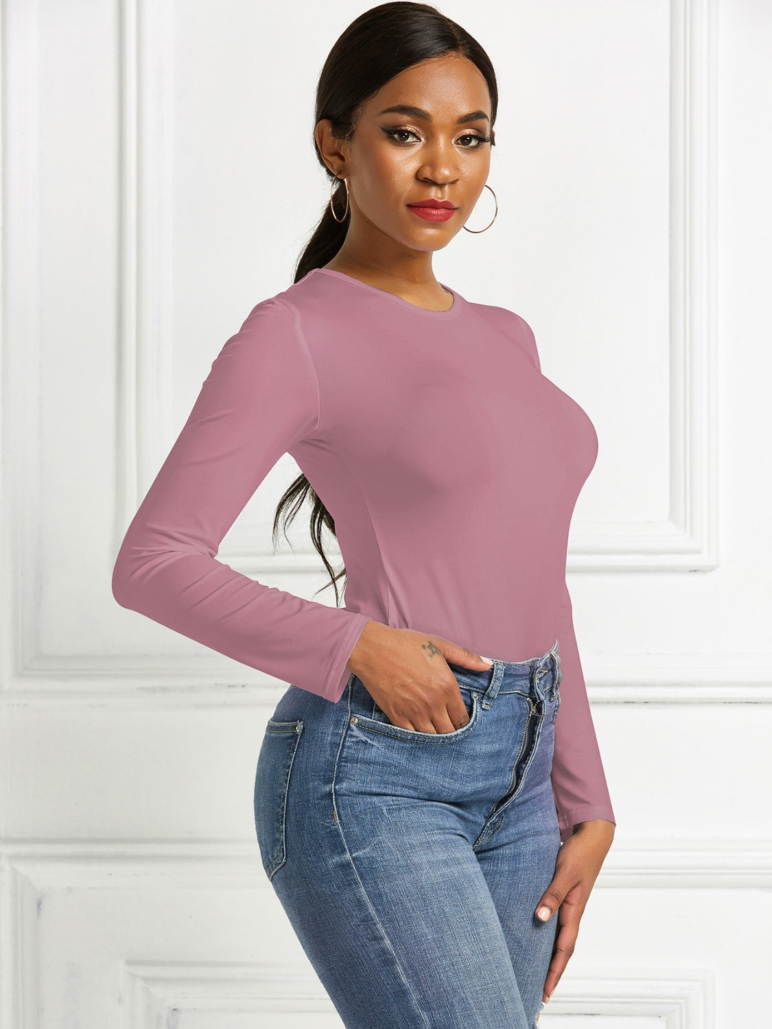 Round Neck Long Sleeve Bodysuit-Angel Casuals