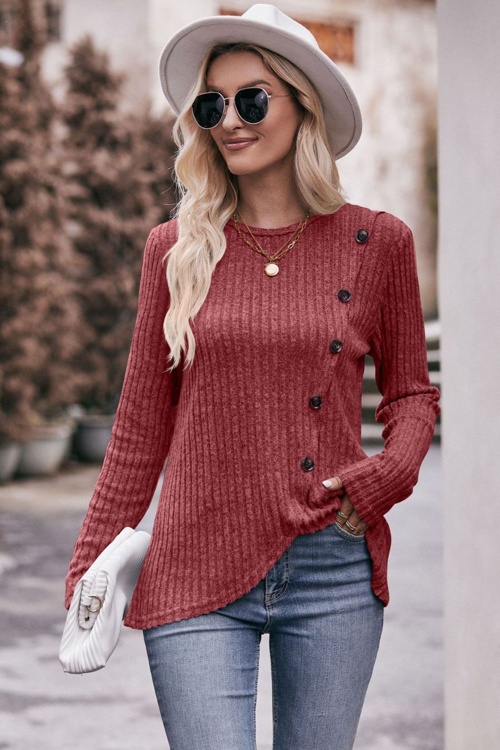 Ribbed Round Neck Buttoned Long Sleeve Tee-Angel Casuals