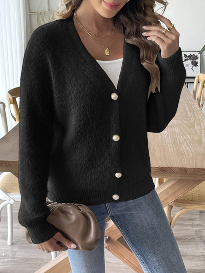 Button Up V-Neck Long Sleeve Cardigan-Angel Casuals