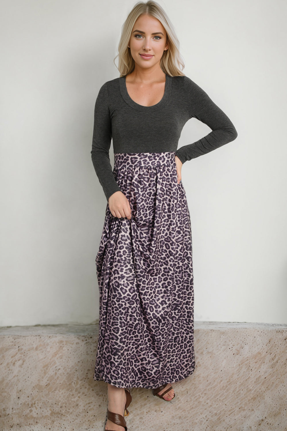 Leopard Round Neck Maxi Dress-Angel Casuals