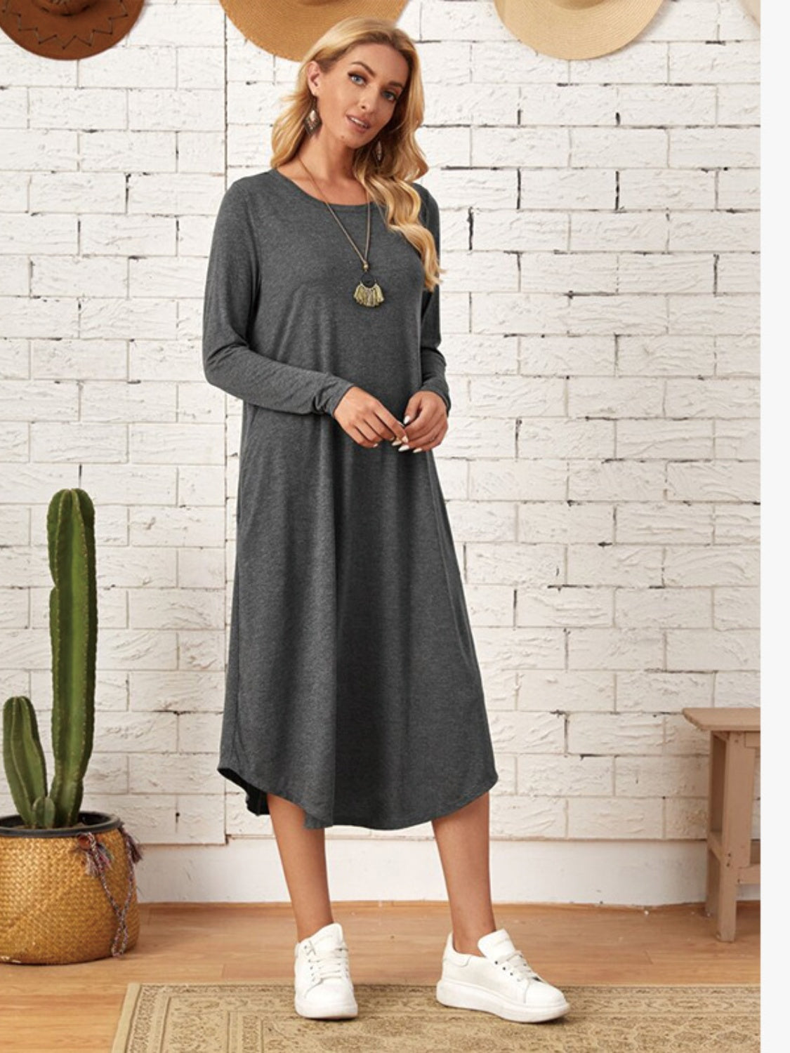 Pocketed Round Neck Long Sleeve Tee Dress-Angel Casuals