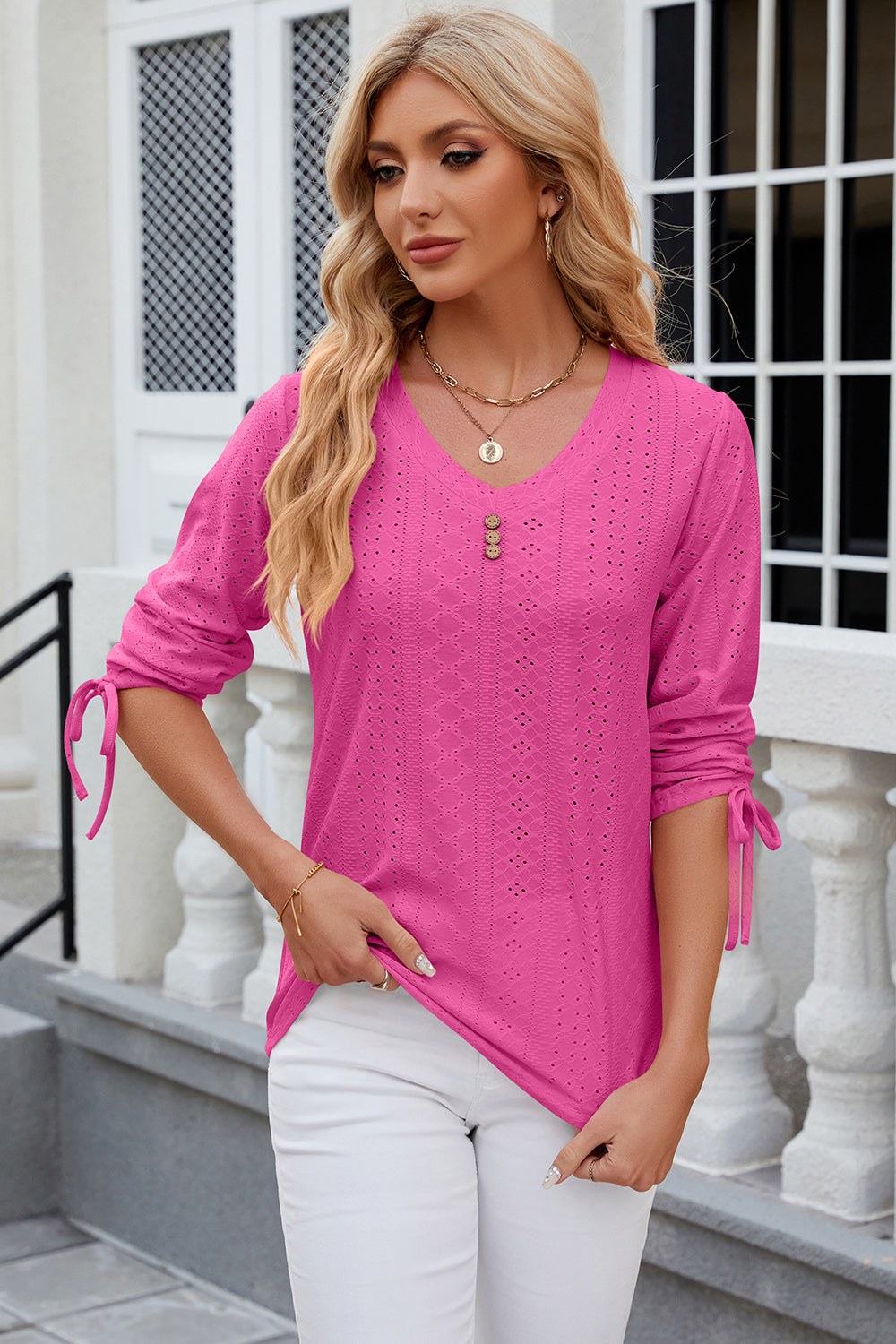 Eyelet Drawstring V-Neck Half Sleeve T-Shirt-Angel Casuals