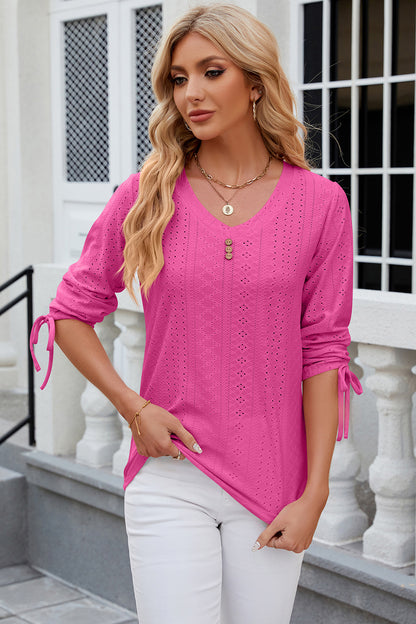 Eyelet Drawstring V-Neck Half Sleeve T-Shirt-Angel Casuals