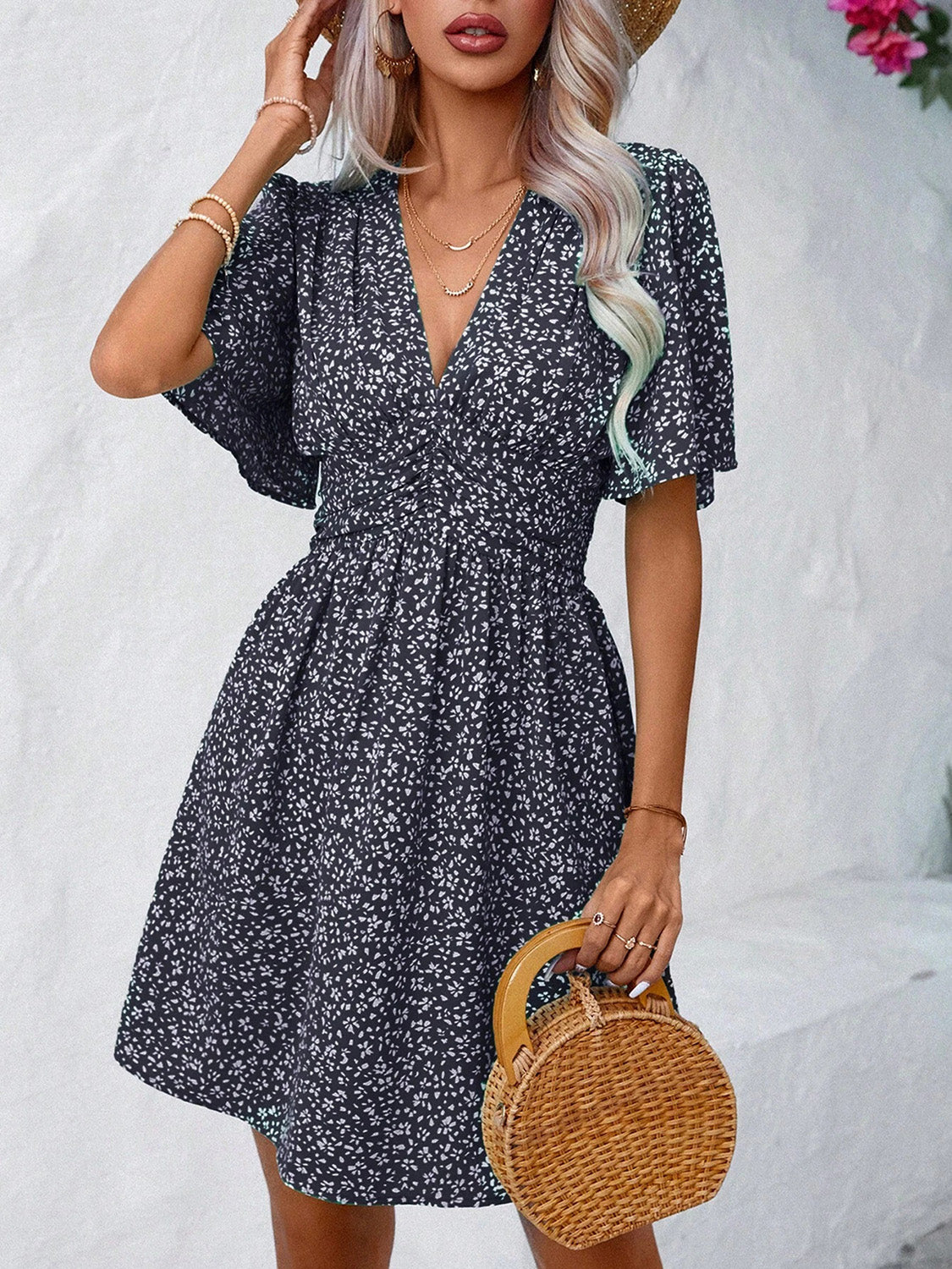 Printed V-Neck Half Sleeve Mini Dress-Angel Casuals