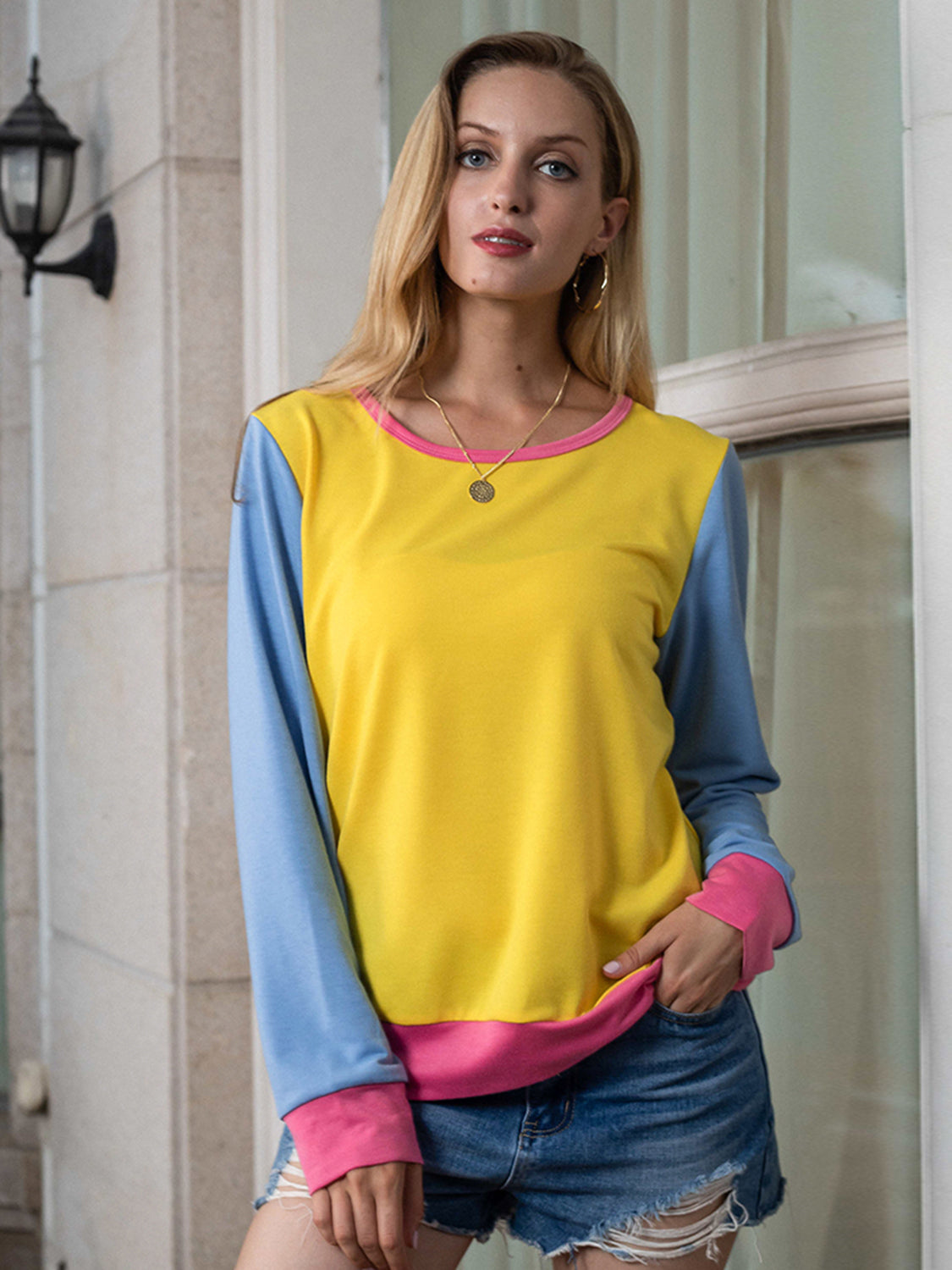 Contrast Round Neck Long Sleeve Top-Angel Casuals