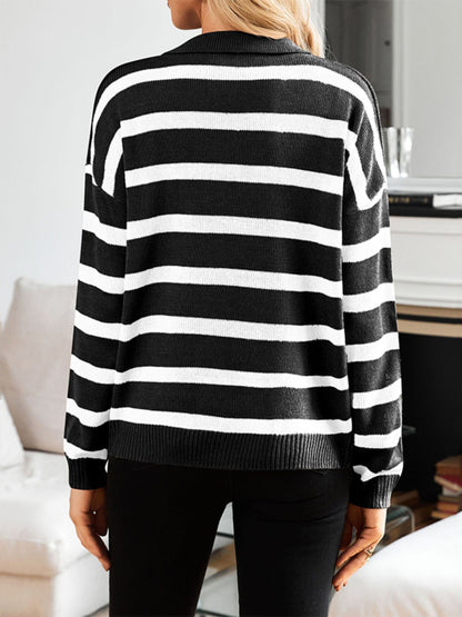 Striped Johnny Collar Long Sleeve Sweater-Angel Casuals