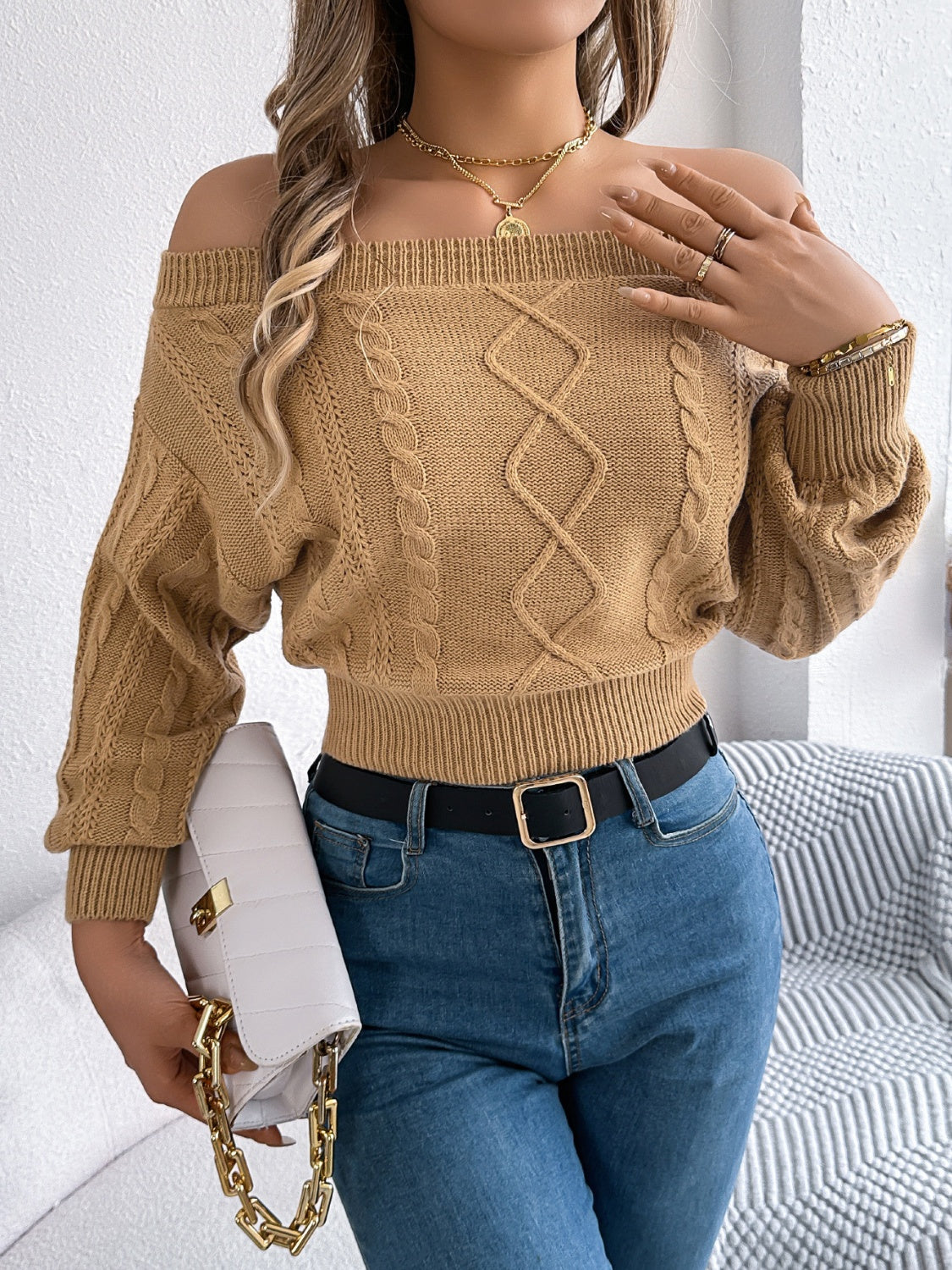 Cable Knit Off-Shoulder Long Sleeve Sweater-Angel Casuals