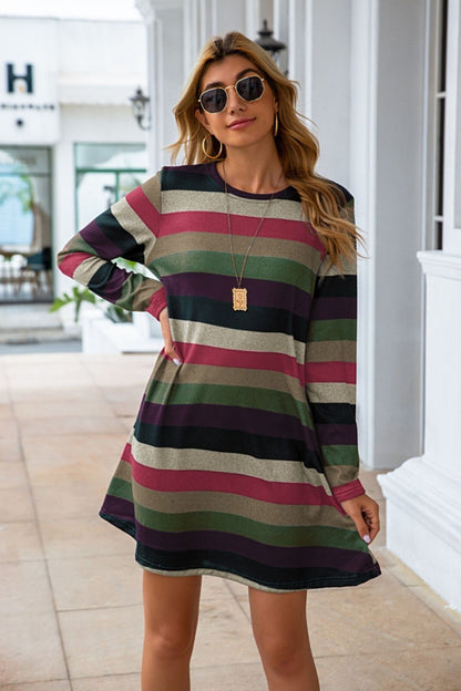 Striped Round Neck Long Sleeve Dress-Angel Casuals