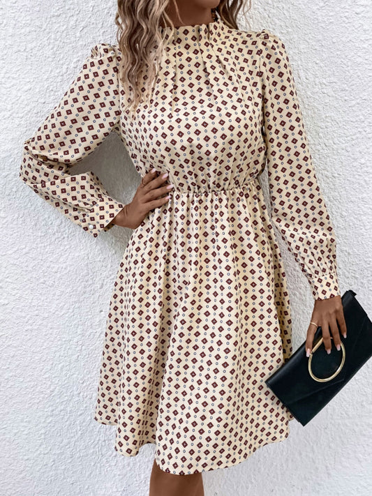 Printed Ruched Mock Neck Long Sleeve Dress-Angel Casuals