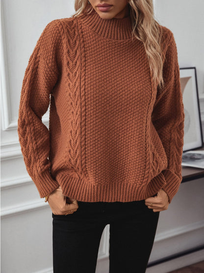 Cable-Knit Mock Neck Long Sleeve Sweater-Angel Casuals