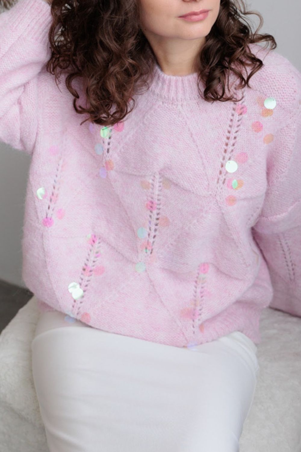 Sequin Round Neck Long Sleeve Sweater-Angel Casuals