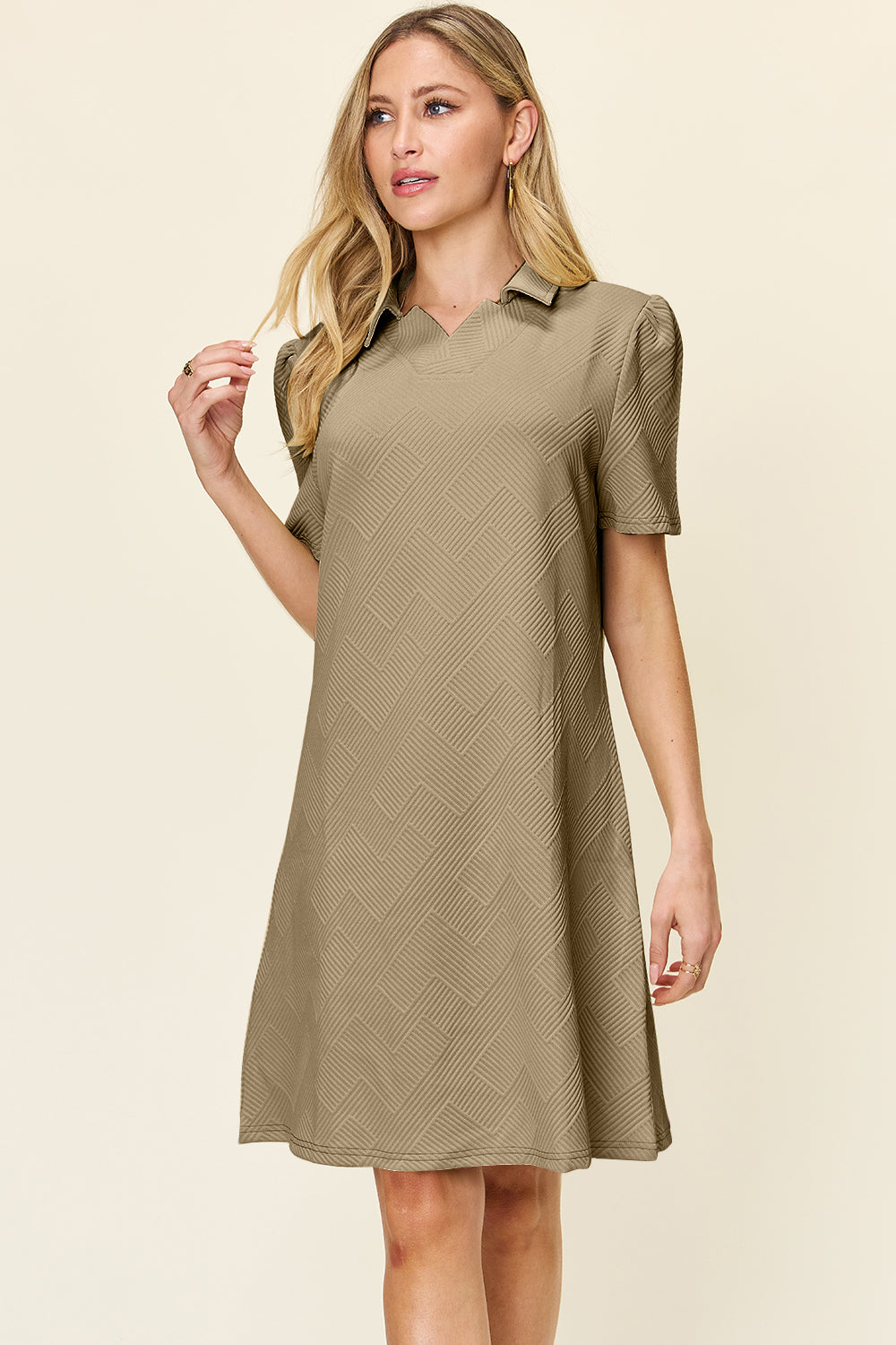 Double Take Full Size Texture Collared Neck Short Sleeve Dress-Angel Casuals