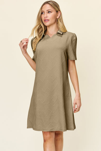 Double Take Full Size Texture Collared Neck Short Sleeve Dress-Angel Casuals