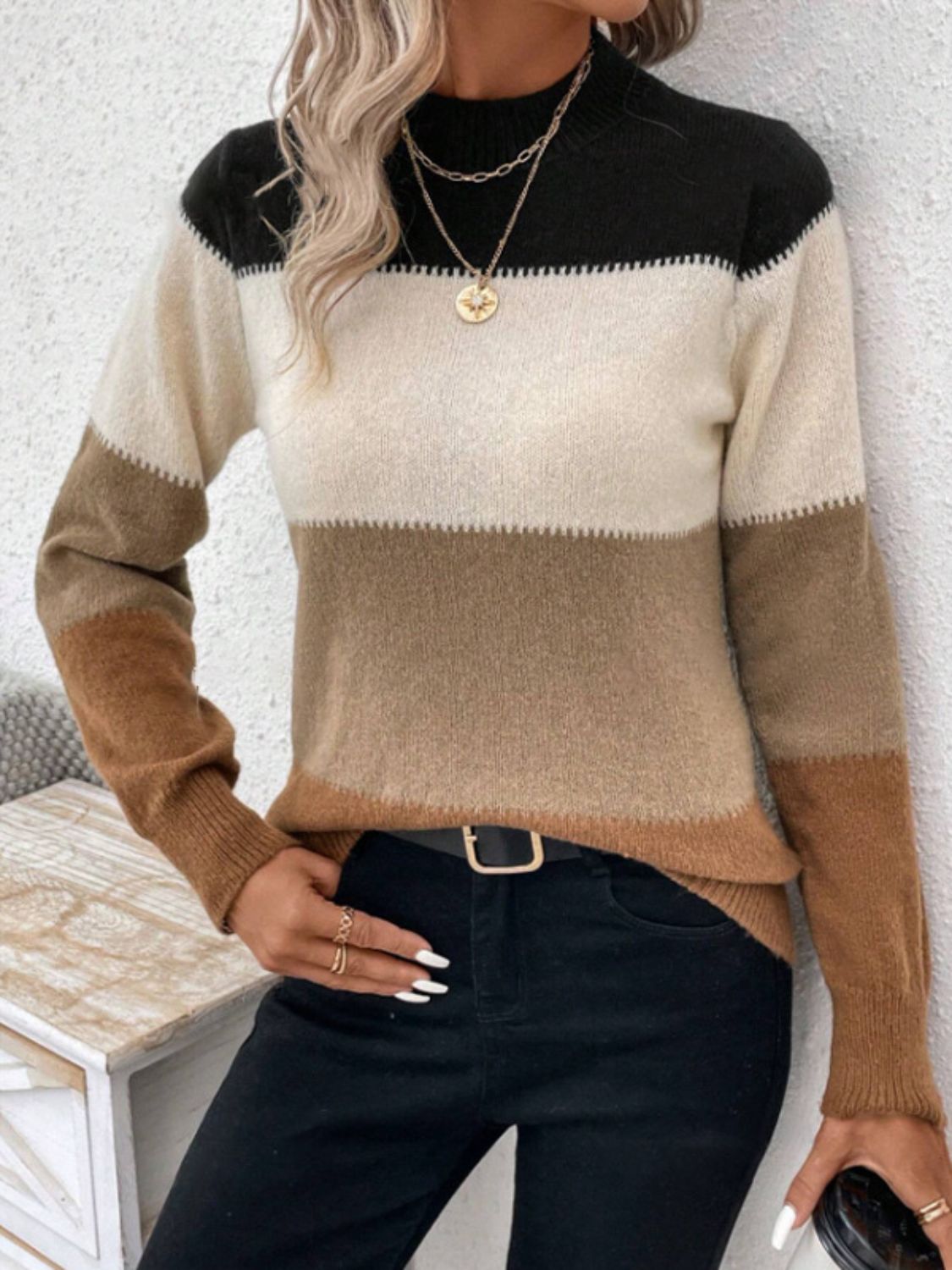 Color Block Mock Neck Long Sleeve Sweater-Angel Casuals