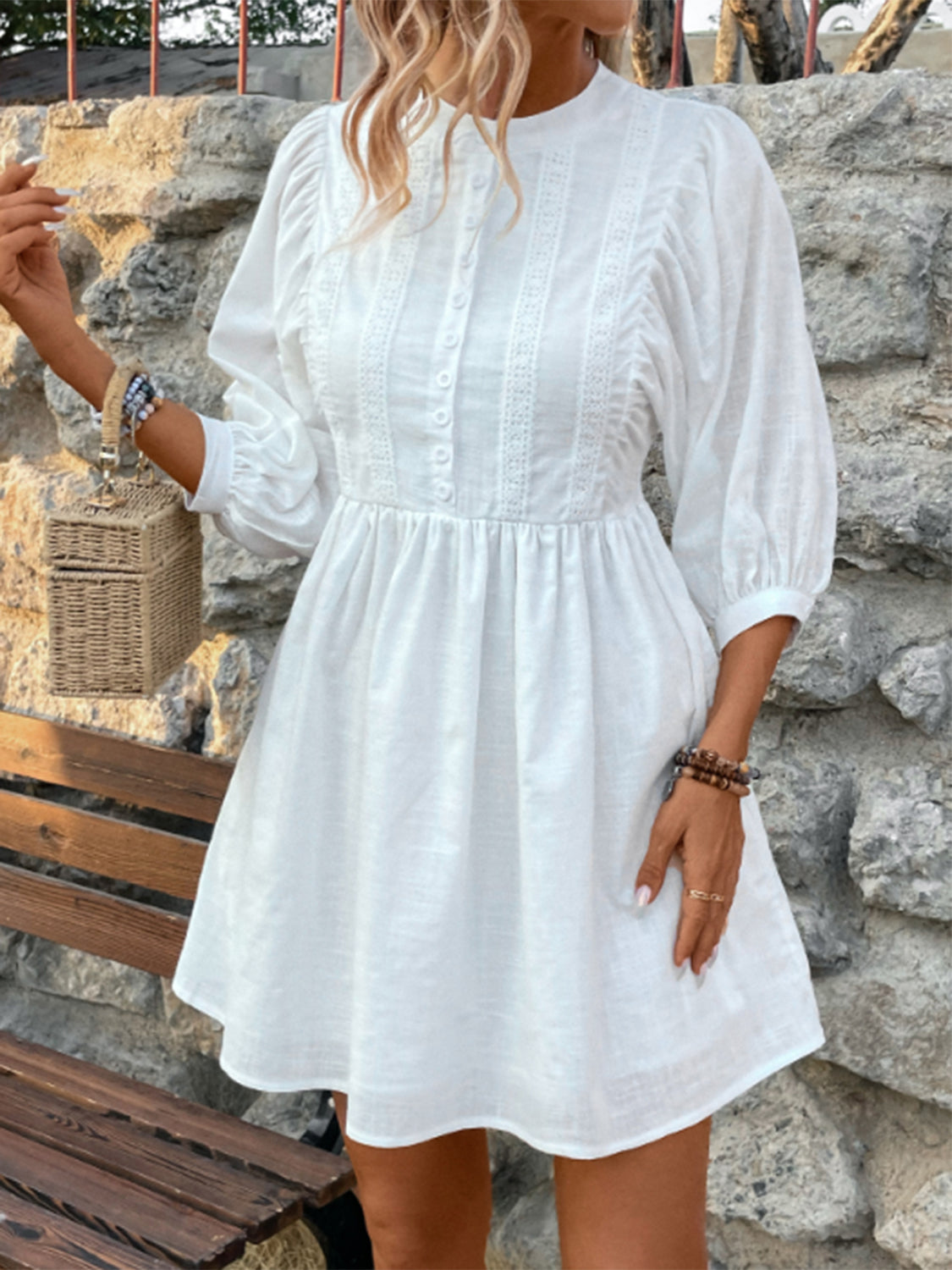 Lace Detail Half Button Three-Quarter Sleeve Dress-Angel Casuals