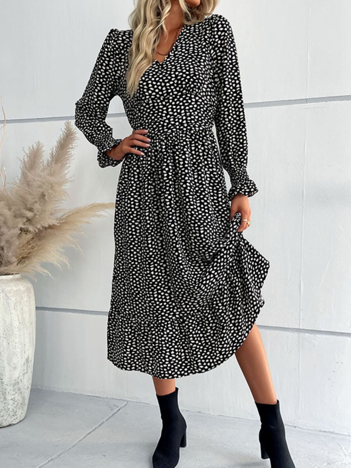 Printed Flounce Sleeve V-Neck Midi Dress-Angel Casuals