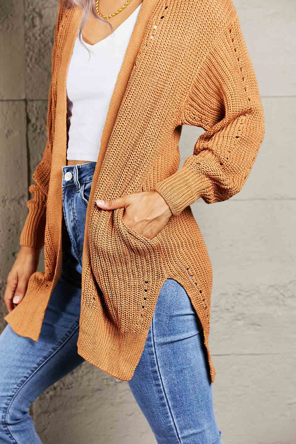 Woven Right Openwork Rib-Knit Slit Cardigan-Angel Casuals