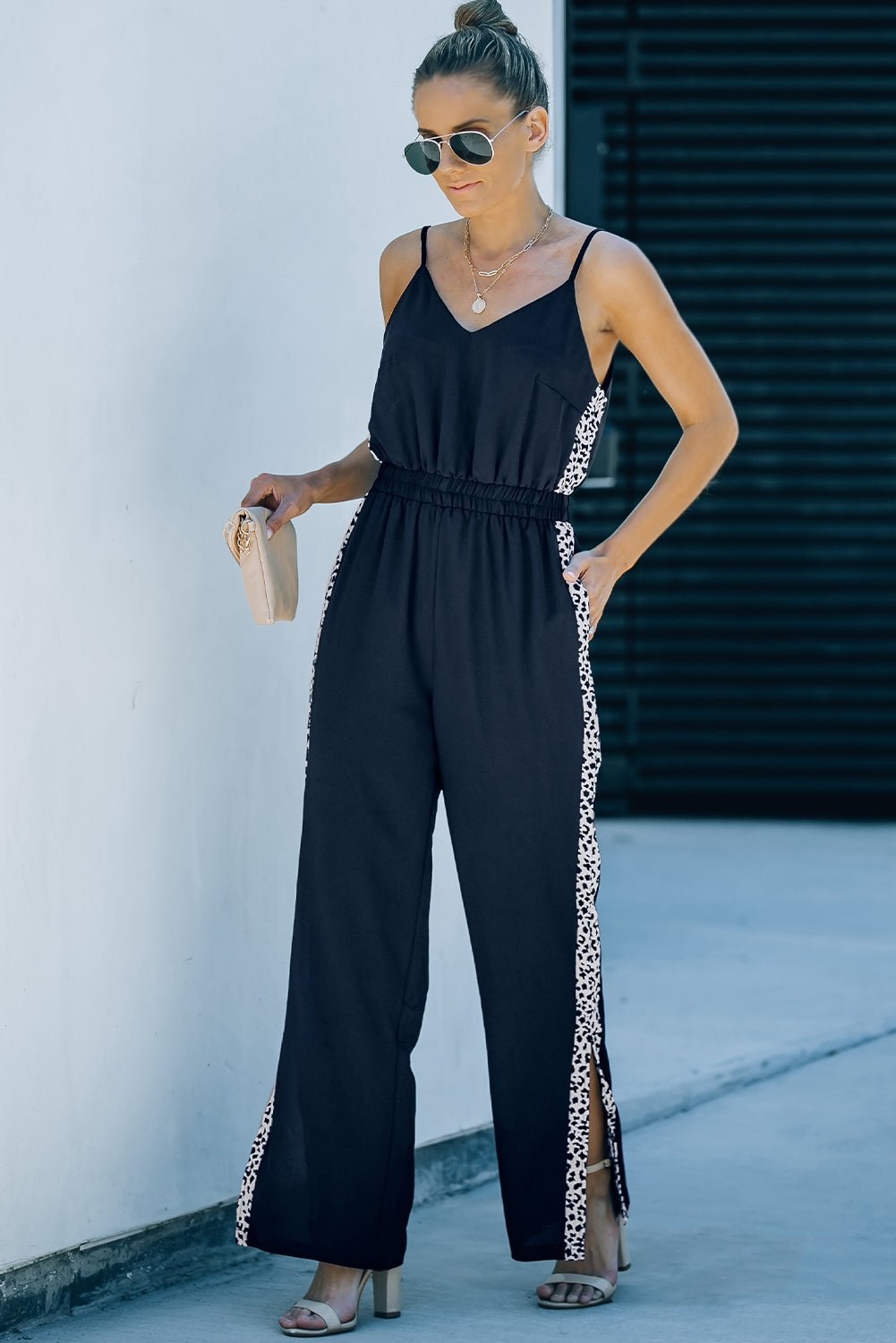 Leopard Contrast Spaghetti Strap Wide Leg Jumpsuit-Angel Casuals