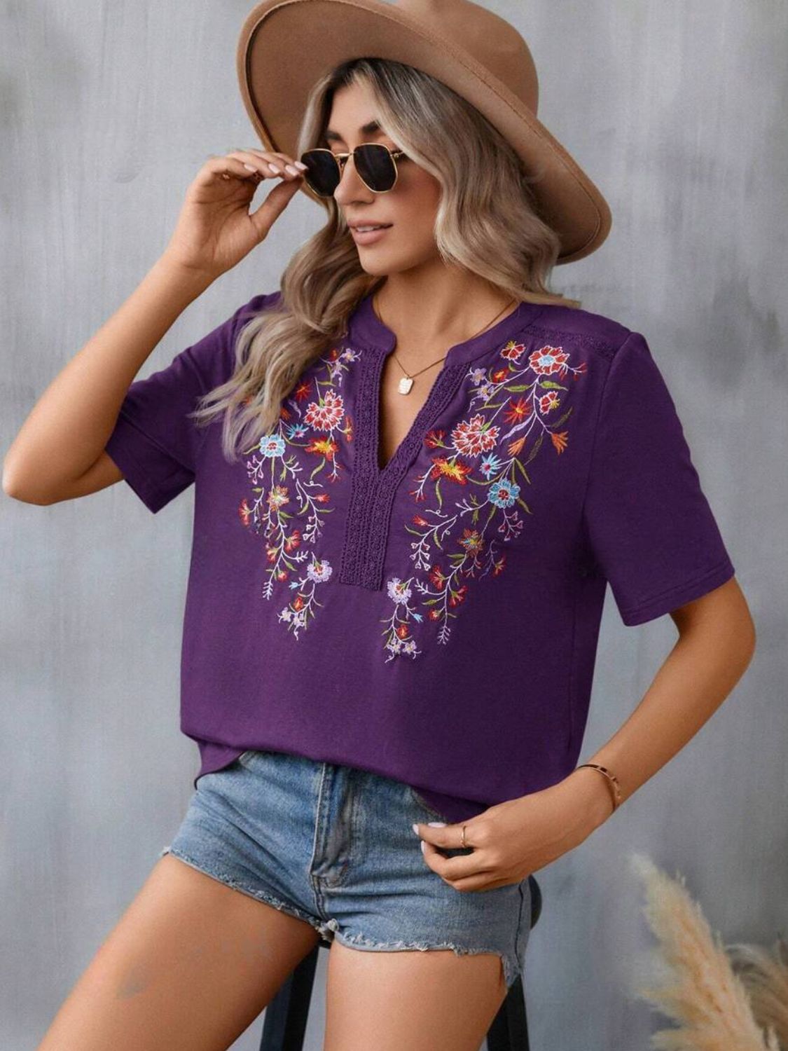 Embroidered Notched Short Sleeve T-Shirt-Angel Casuals