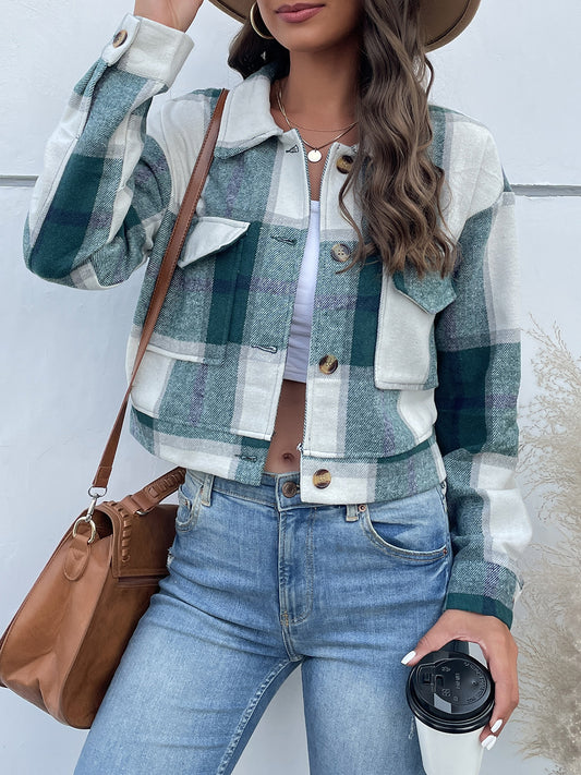 Perfee Plaid Button Up Drop Shoulder Cropped Jacket-Angel Casuals