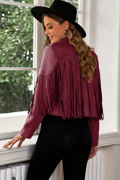 Fringe Trim Lapel Collar Cropped Blazer-Angel Casuals