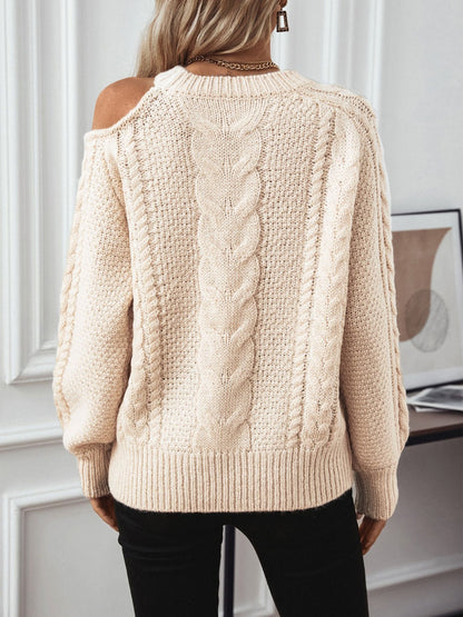 Cable Knit Round Neck Cold Shoulder Sweater-Angel Casuals