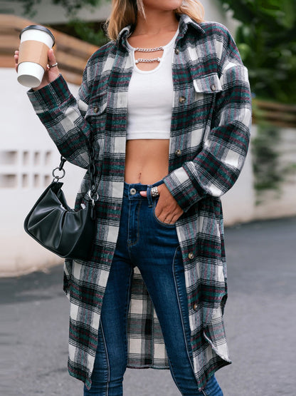 Plaid Button Up Long Sleeve Shacket-Angel Casuals