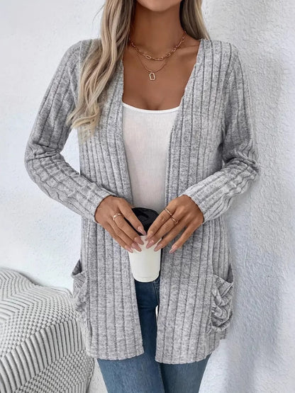 Ribbed Open Front Long Sleeve Cardigan with Pockets-Angel Casuals