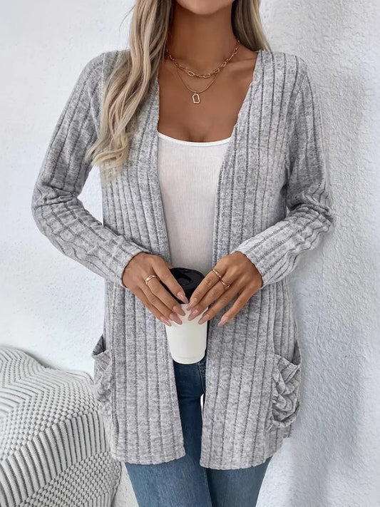Ribbed Open Front Long Sleeve Cardigan with Pockets-Angel Casuals