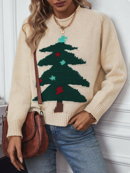 Christmas Tree Round Neck Raglan Sleeve Sweater-Angel Casuals