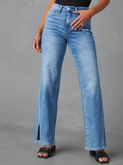 Slit Buttoned Jeans with Pockets-Angel Casuals