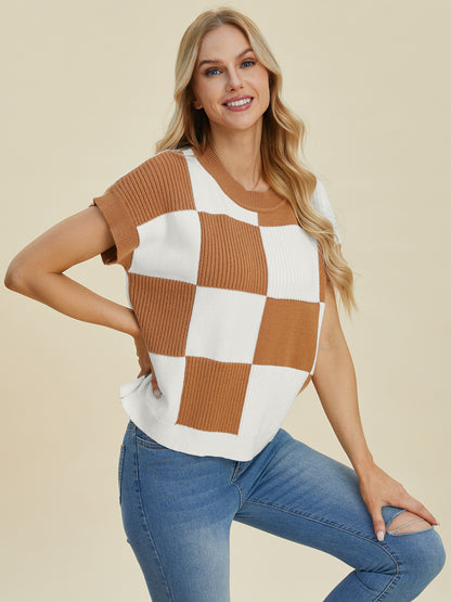 Double Take Full Size Checkered Round Neck Short Sleeve Sweater-Angel Casuals