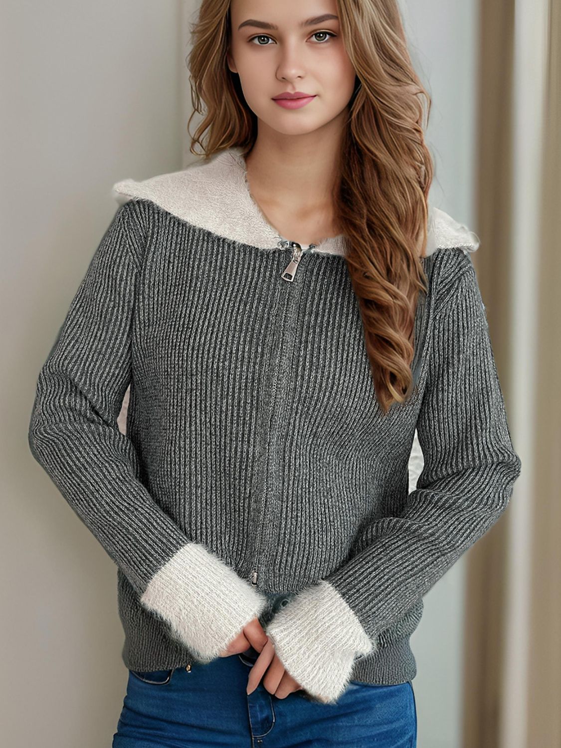 Zip Up Collared Neck Long Sleeve Cardigan-Angel Casuals
