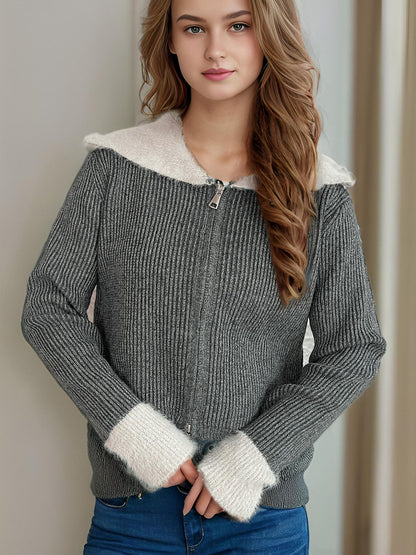 Zip Up Collared Neck Long Sleeve Cardigan-Angel Casuals