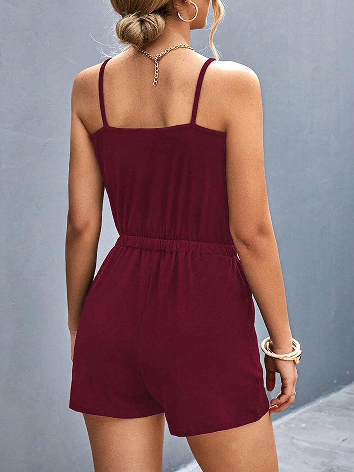 Pocketed Buckle Trim Scoop Neck Romper-Angel Casuals