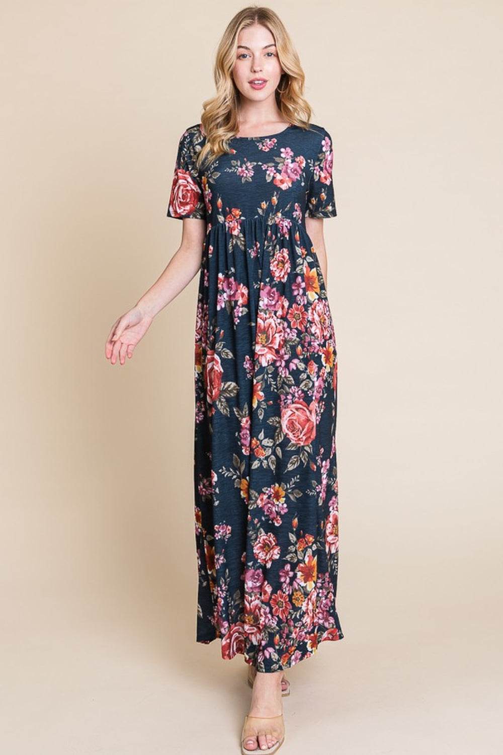 BOMBOM Floral Short Sleeve Maxi Dress-Angel Casuals