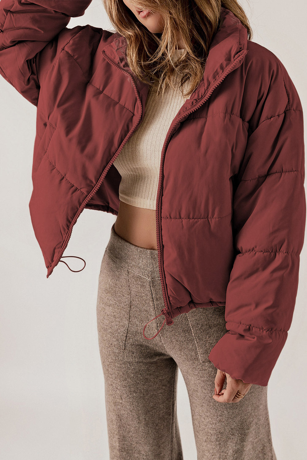 Zip Up Collared Neck Long Sleeve Winter Coat-Angel Casuals