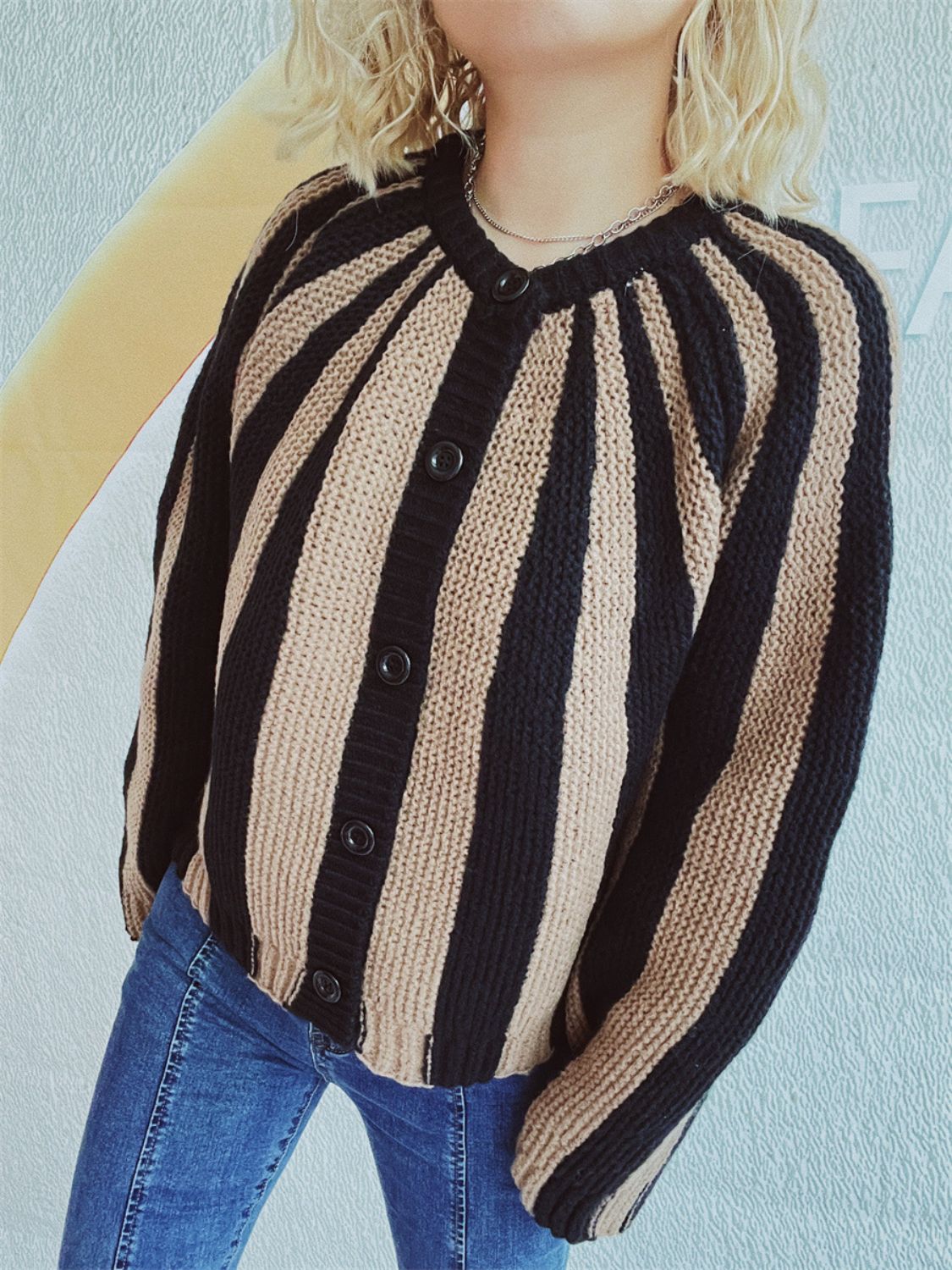 Contrast Stripes Button Down Long Sleeve Cardigan-Angel Casuals