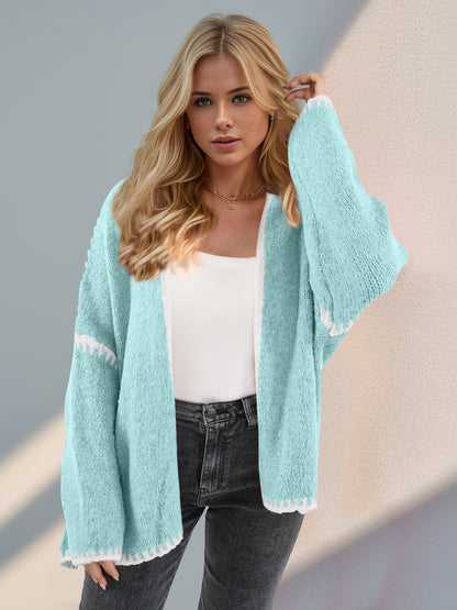 Double Take Contrast Open Front Dropped Shoulder Cardigan-Angel Casuals