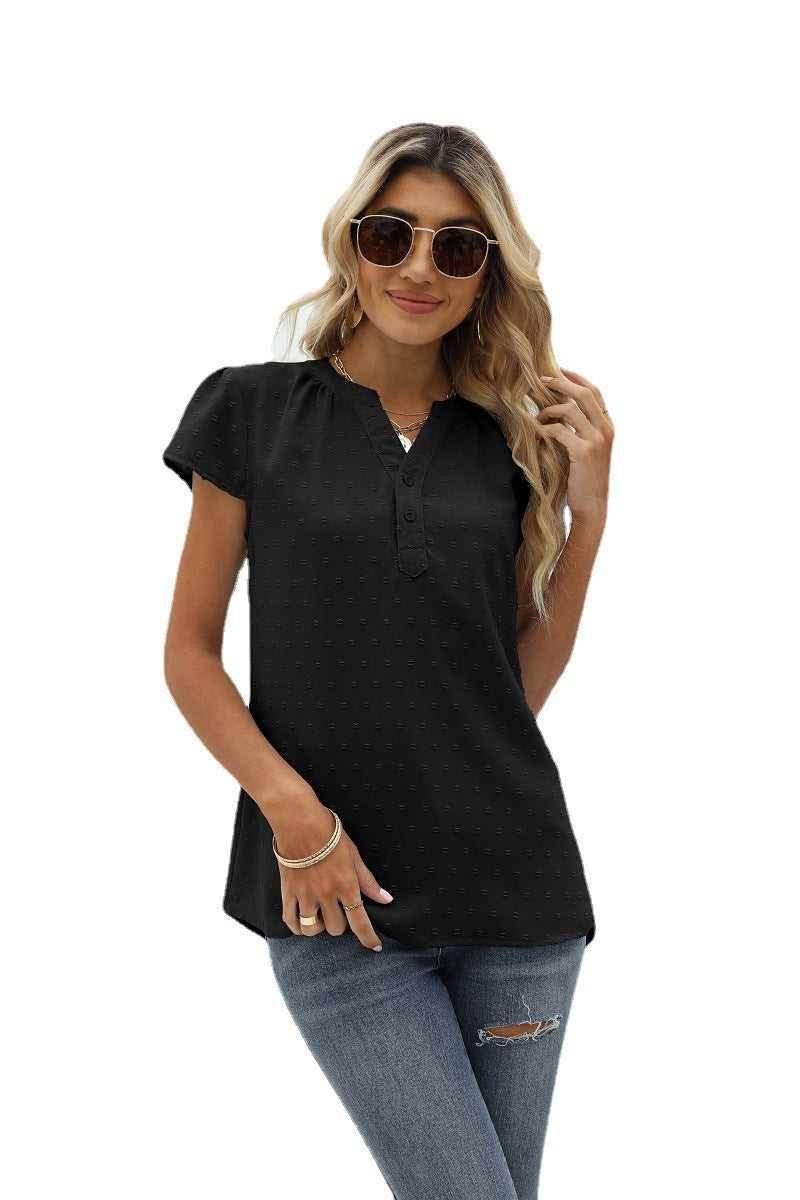 Swiss Dot Notched Neck Short Sleeve Top-Angel Casuals