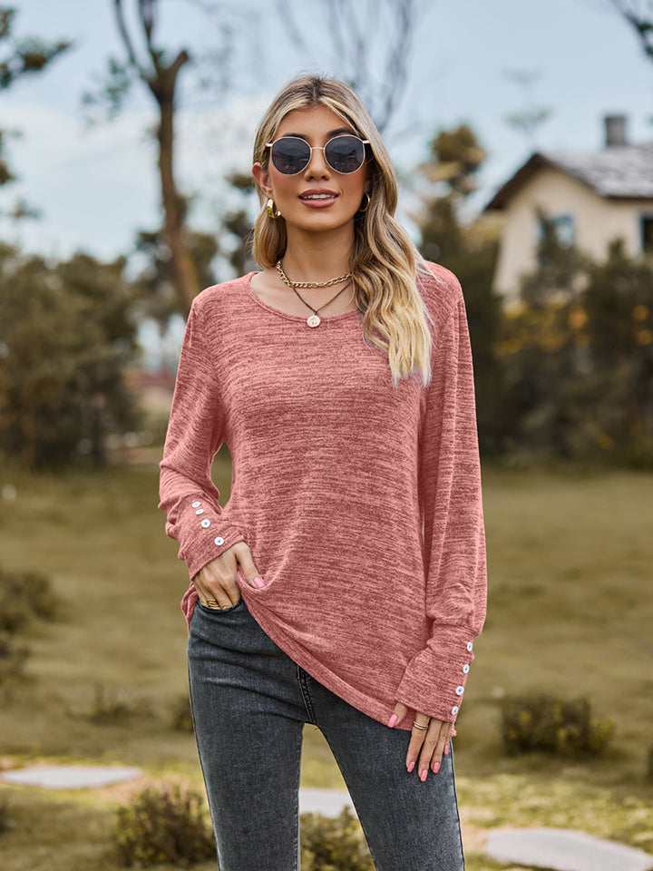 Round Neck Long Sleeve Buttoned T-Shirt-Angel Casuals